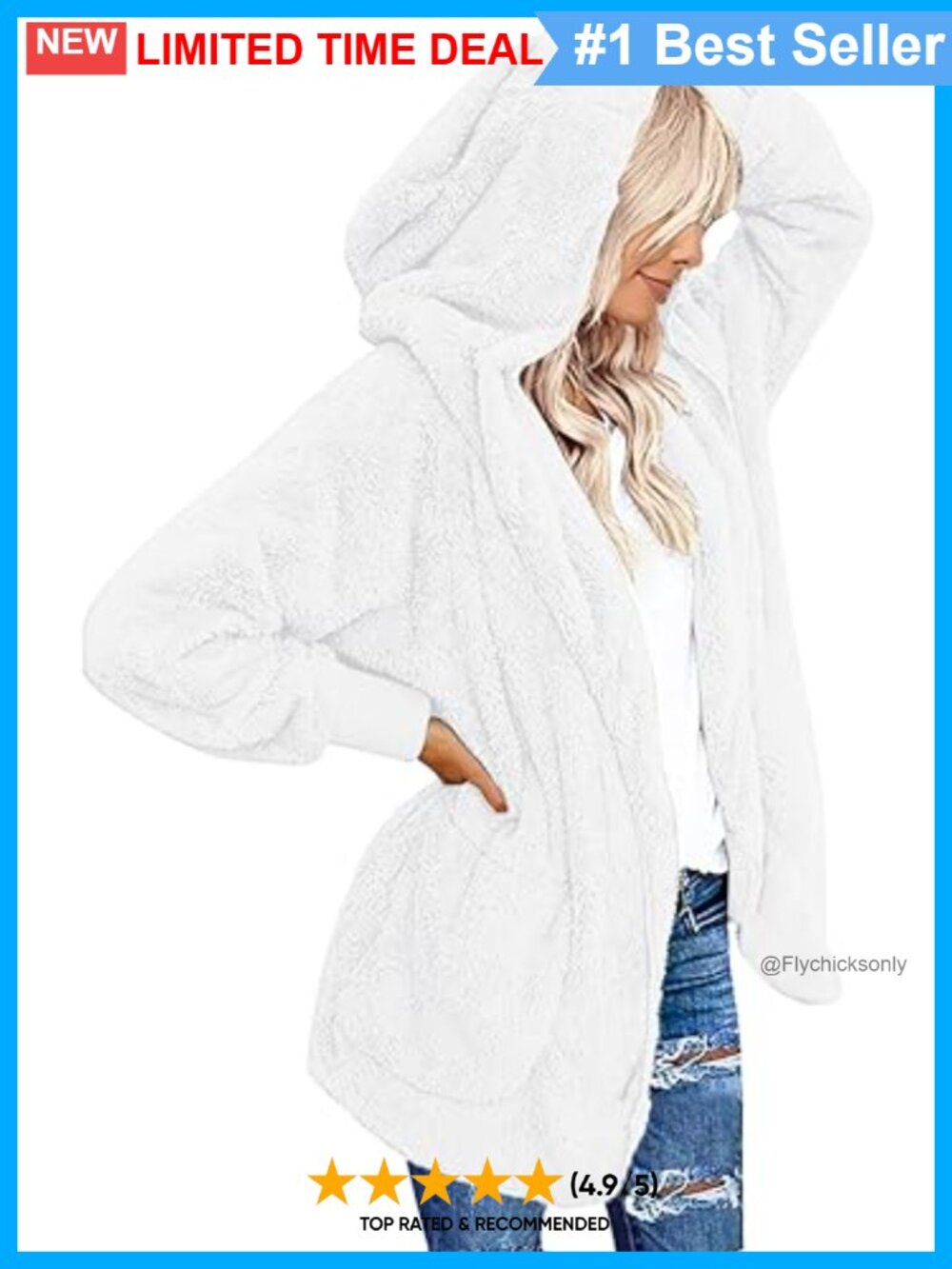 Womens Fuzzy Fleece Hooded Cardigan Open Front Sherpa Coat Pockets